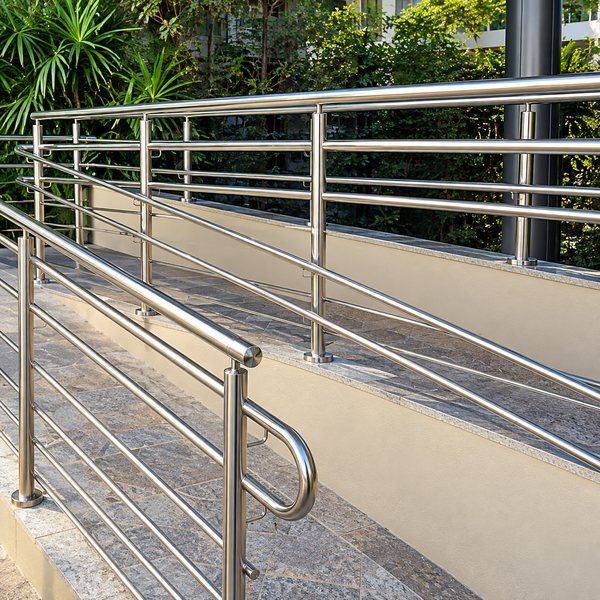 Guarda-corpo de aço inox em rampa externa, com vegetação ao fundo
